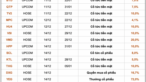 Lịch chốt quyền cổ tức tuần 11– 15/12: Một doanh nghiệp bất động sản chuẩn bị trả cổ tức tiền mặt 25%