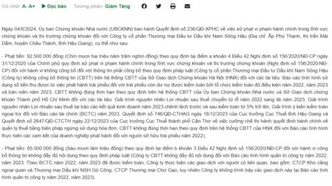 Dầu khí Nam Sông Hậu bị xử phạt hơn 150 triệu đồng