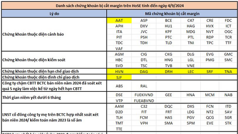 HoSE tiếp tục cắt margin cổ phiếu do thua lỗ, danh sách không được giao dịch ký quỹ gần 100 mã chứng khoán