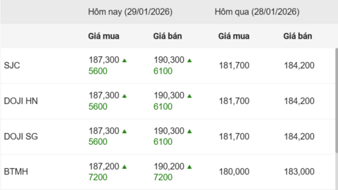 Ngày 29/1: Giá vàng trong nước tăng vượt mức 190 triệu đồng/lượng