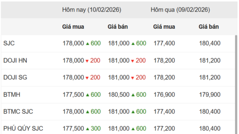 Ngày 10/2: Giá vàng trong nước tăng/giảm trái chiều