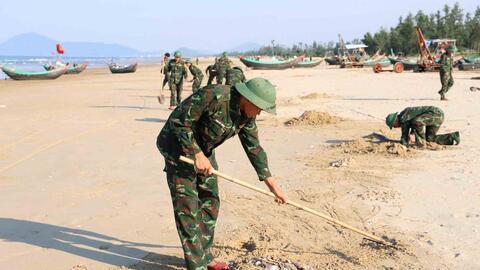 Huy động lực lượng thu gom vỏ ngao dạt dày đặc vào bờ biển Hà Tĩnh