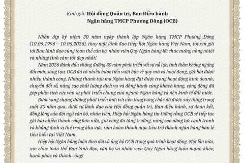 Hiệp hội Ngân hàng chúc mừng Ngân hàng TMCP Phương Đông nhân kỷ niệm 30 năm thành lập