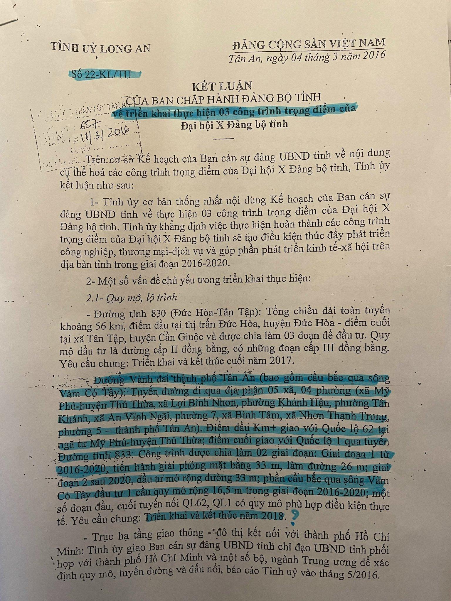 Kết luận số 22/KL-TUAn, ngày 04/3/2016, của Tỉnh uỷ Long An về việc triển khai thực hiện 03 công trình trọng điểm tại Đại hội Đảng bộ tỉnh, trong đó, có dự án đường vành đai TP Tân An.