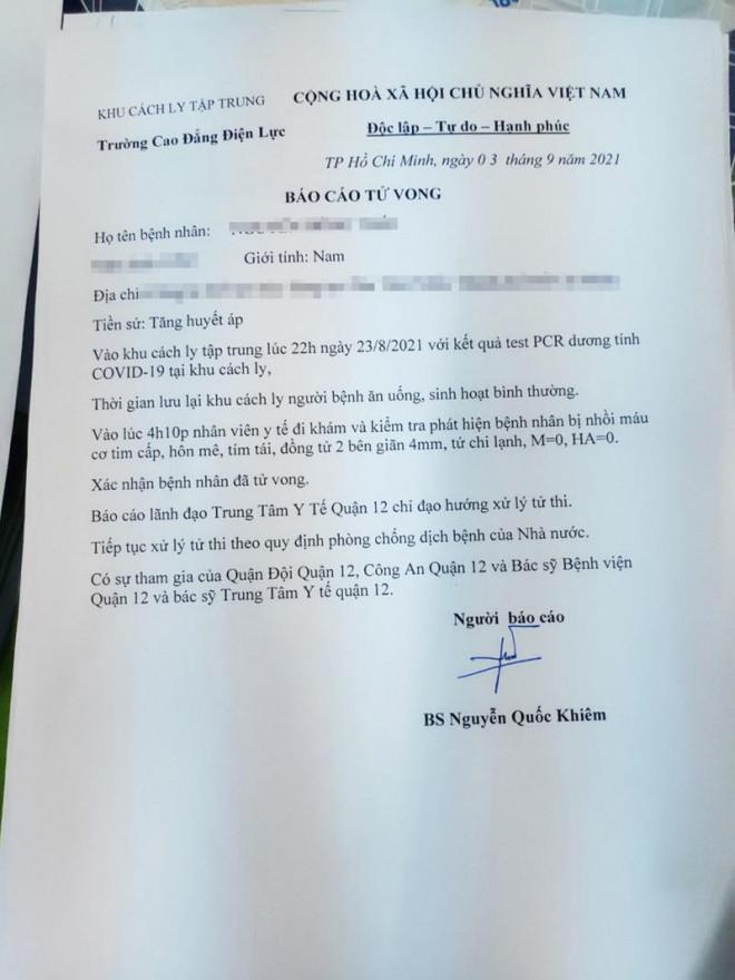 Báo cáo tử vong do Khiêm đã ký. Ảnh: PV