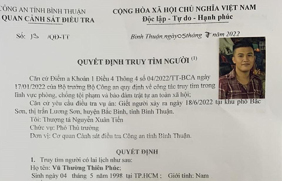 Quyết định truy tìm đối tượng Vũ Thường Thiên Phúc. Ảnh: CA