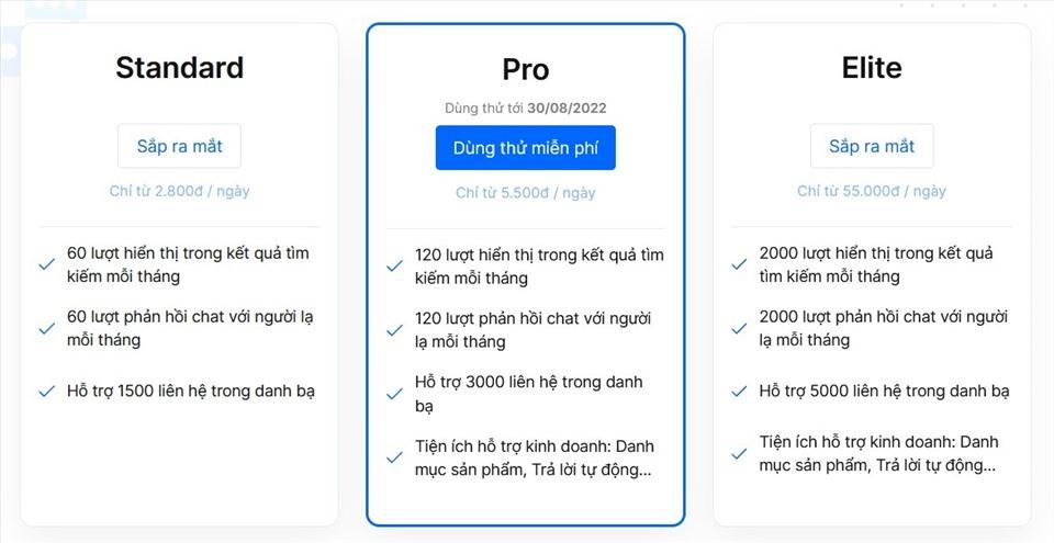 Các gói dịch vụ trả phí do Zalo cung cấp tới tài khoản doanh nghiệp
