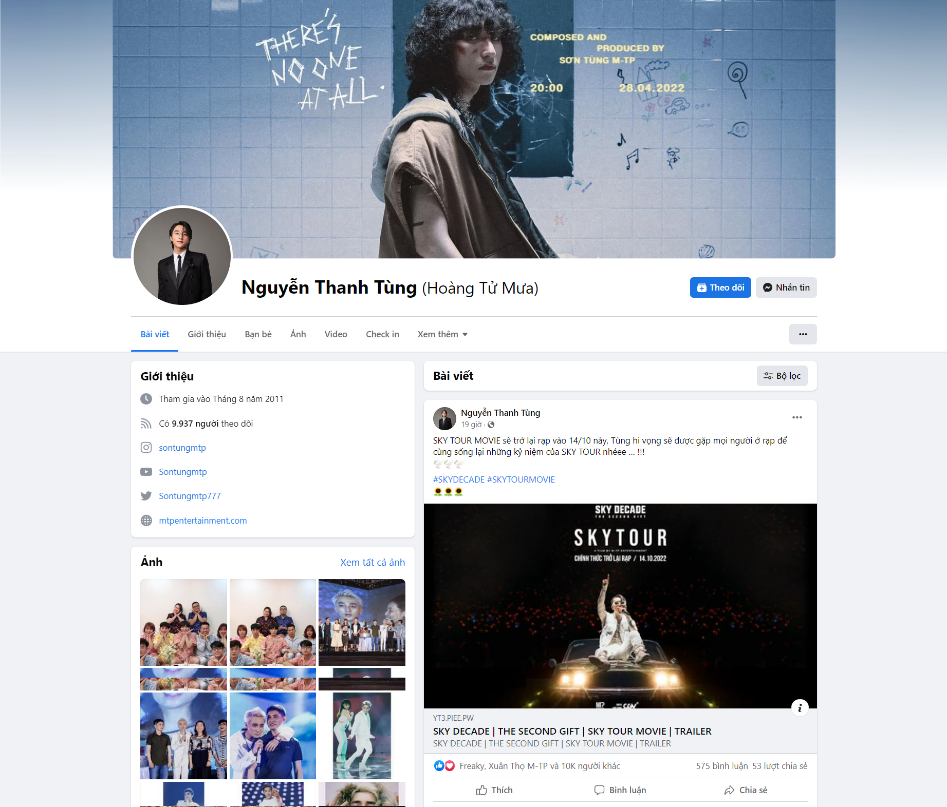 FaceBook cá nhân của Sơn Tùng MTP (Nguyễn Thanh Tùng) chỉ còn 9.937 người theo dõi. Ảnh chụp màn hình.