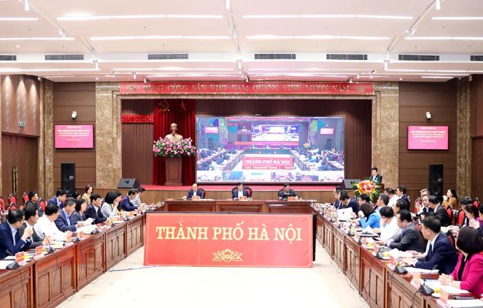 Quang cảnh hội nghị tại điểm cầu trụ sở Thành ủy Hà Nội. Ảnh: Huy Kiên