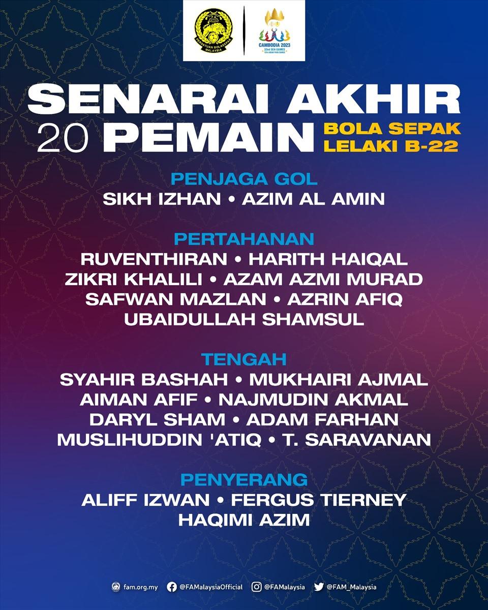 Đội hình U22 Malaysia dự SEA Games 32. Ảnh: FAM