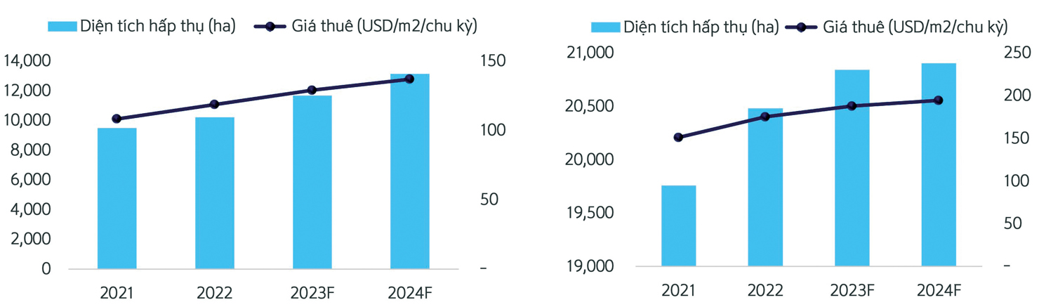 Dự kiến diện tích luỹ kế và giá thuê đất khu công nghiệp từ 2021 - 2024 tại miền Bắc và miền Nam