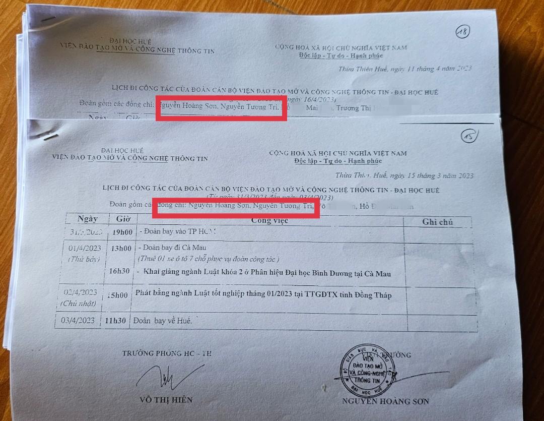 Lịch công tác mà Viện Đào tạo Mở và Công nghệ thông tin Đại học Huế cung cấp chứng minh rằng, hầu như tất cả các chuyến công tác của viện này đều có mặt viện trưởng và phó viện trưởng. Ảnh: Phúc Đạt.