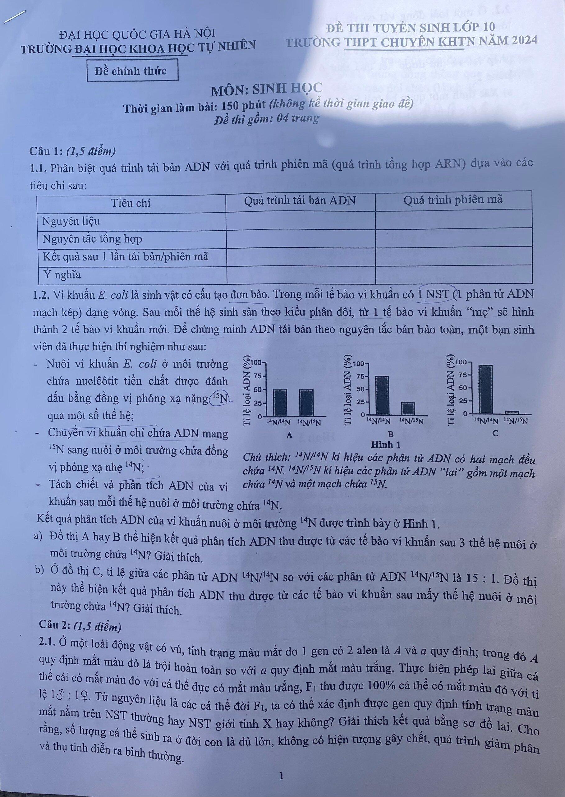 Đề thi Toán, Sinh học vào lớp 10 THPT chuyên Khoa học Tự nhiên Hà Nội- Ảnh 2.