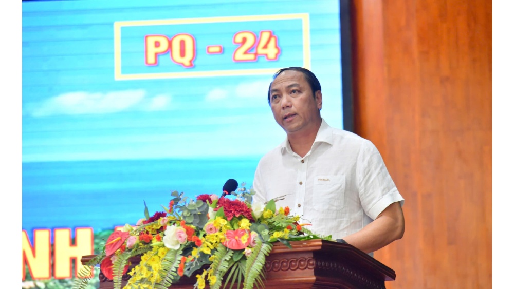Chủ tịch UBND tỉnh Kiên Giang Lâm Minh Thành phát biểu tại buổi khai mạc diễn tập. Ảnh: Phương Vũ