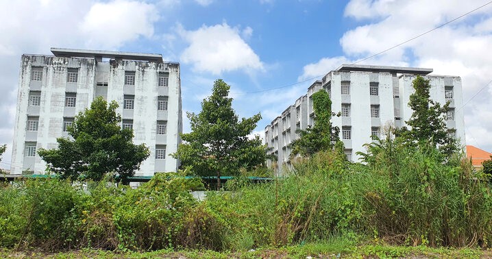 Cỏ mọc um tùm xung quanh ký túc xá bỏ hoàng nhiều năm tại Bạc Liêu. Ảnh: Nhật Hồ