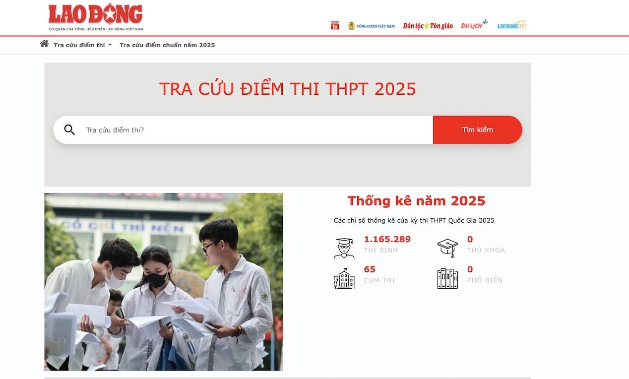 Trang tra cứu điểm thi trên Báo Lao Động.