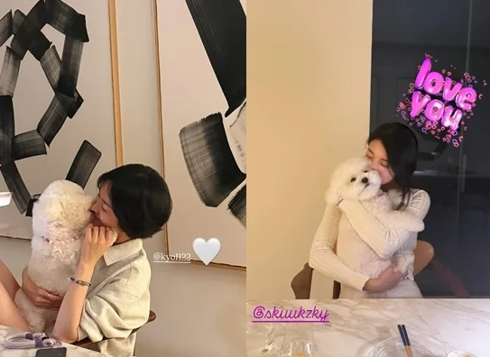 Song Hye Kyo và Suzy chụp hình khi nô đùa với cún cưng tại nhà riêng. Ảnh chụp màn hình