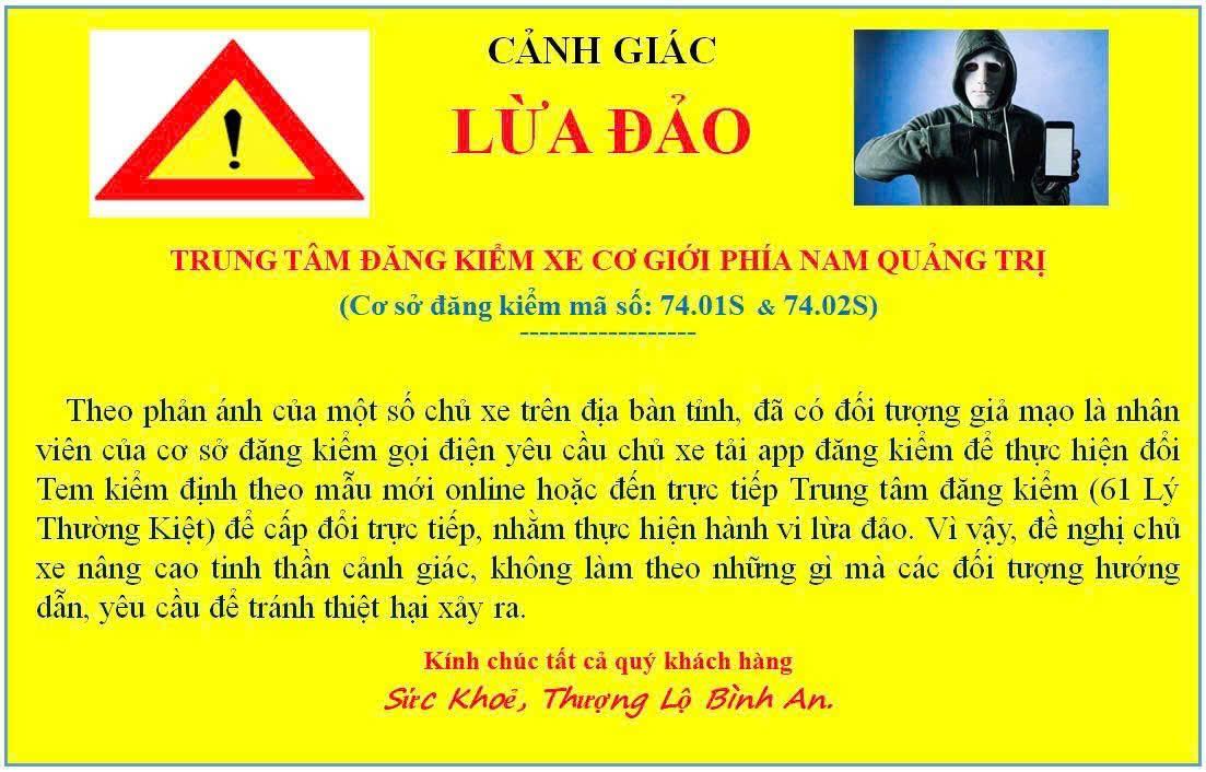 Thông báo cảnh báo lừa đảo của Trung tâm Đăng kiểm xe cơ giới phía Nam Quảng Trị. Ảnh: Trung tâm Đăng kiểm xe cơ giới phía Nam Quảng Trị