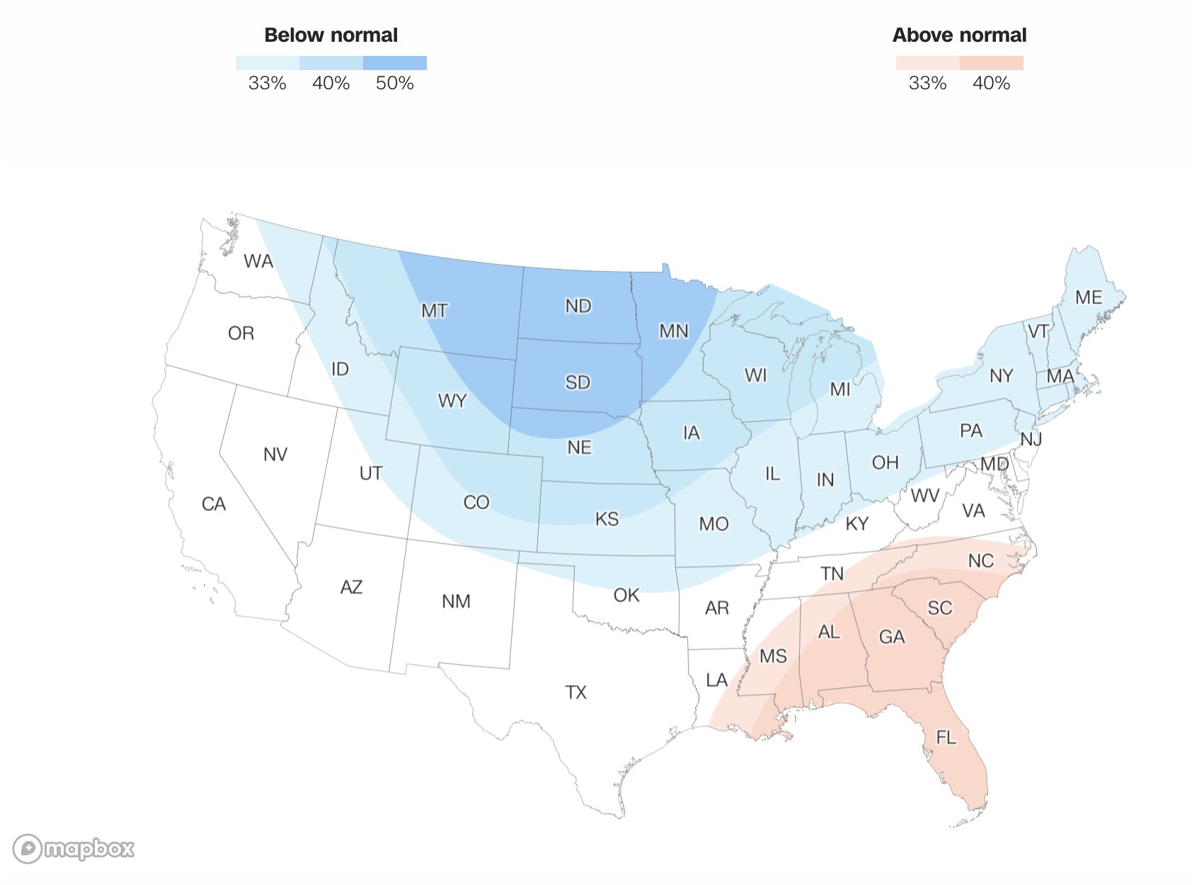 Bản đồ dự báo phân bố nhiệt độ tại Mỹ có hiệu lực từ ngày 29.11 - 12.12. 2025. Ảnh: Dịch vụ Thời tiết Quốc gia Mỹ (NWS), Trung tâm Dự báo Khí hậu Mỹ (CPC)