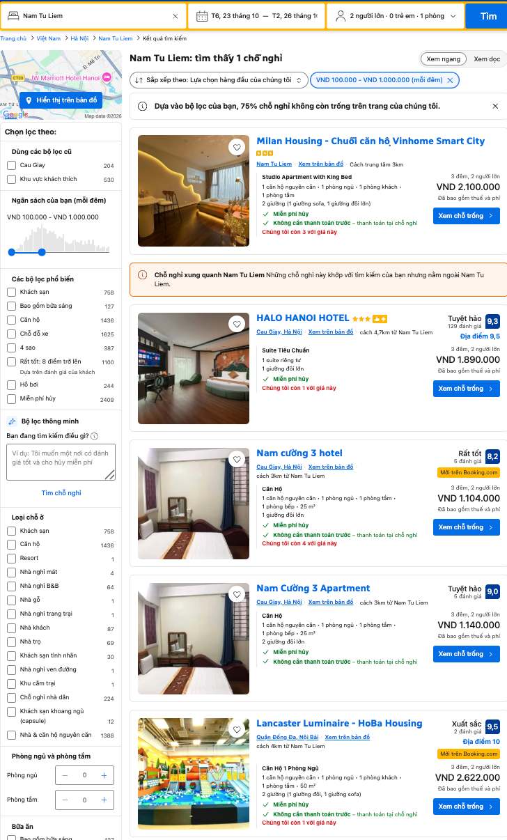 Booking.com không còn nhiều phòng giá rẻ quanh khu vực Mỹ Đình. Ảnh: Booking.com