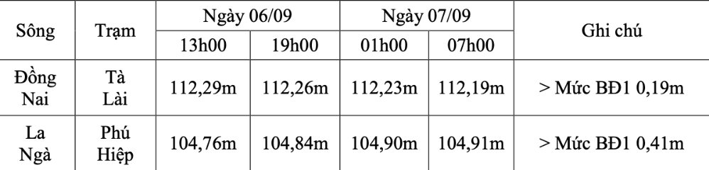 Diễn biến mực nước tại các trạm trong thời gian qua. Ảnh: Trung tâm Khí tượng thủy văn TP Đồng Nai