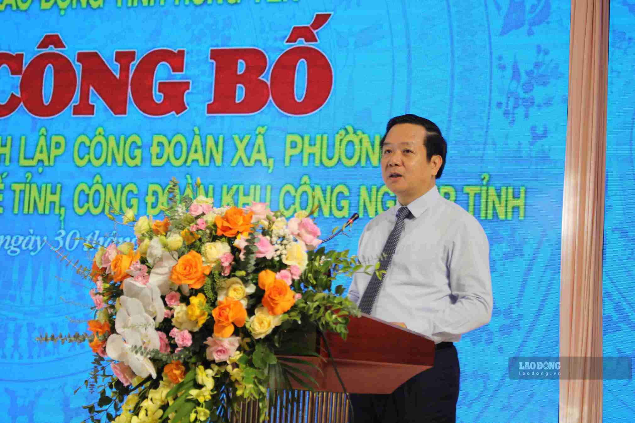 Bí thư Tỉnh ủy Hưng Yên Phạm Quang Ngọc phát biểu chỉ đạo tại Lễ công bố quyết định thành lập các tổ chức Công đoàn. Ảnh: Mai Hương