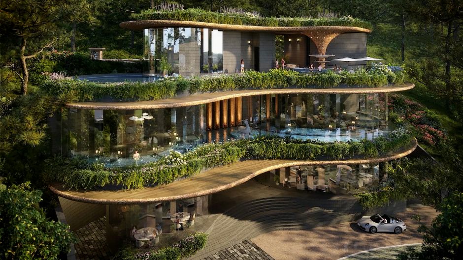 Onsen Wellness Center – tổ hợp khoáng nóng bốn mùa duy nhất tại Thanh Xuan Valley, với kiến trúc nương theo địa hình tự nhiên, giao hòa cùng những triền rừng thông hơn 50 năm tuổi. Ảnh: BIM